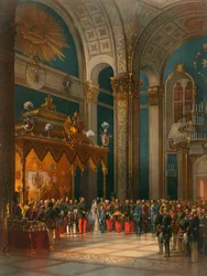 Pocta kozáckých důstojníků v trůnním sále, korunovace cara Alexandra II., Moskva, 1856.