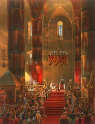 Metropolita se pokloní při korunovační ceremonii cara Alexandra II., Moskva, 1856.
