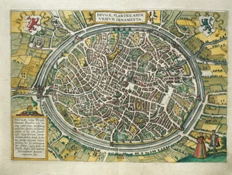 Belgie, mapa Brugg z Civitates Orbis Terrarum od Georga Brauna (1541-1622) a Franze Hogenberga (1540-1590), Kolín nad Rýnem, rytina