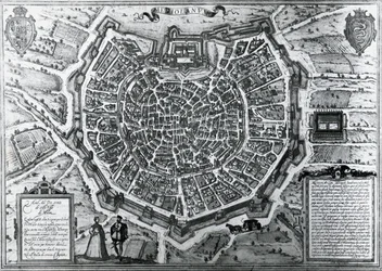 Mapa města Milána, v roce 1572, Antonio Lafreri (1512-1577), publikoval Georg Braun a Franz Hogenberg, Itálie