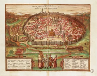Izrael a Palestina, město Jeruzalém, Georg Braun a Franz Hogenberg, z Civitates Orbis Terrarum, barevná rytina