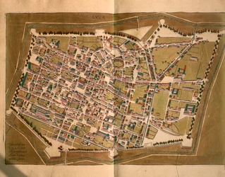 Lucca, z Měst světa od Georga Brauna a Franze Hogenberga, rytina