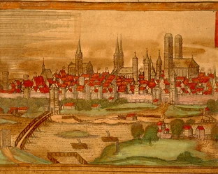 Mapa města Mnichova z Civitates Orbis Terrarum od Georga Brauna