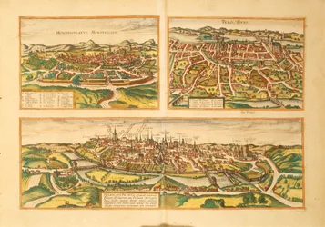 Mapa Montpellier, Tours a Poitiers z Civitates Orbis Terrarum od Georga Brauna