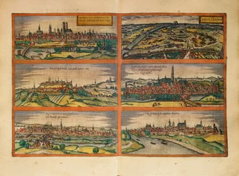 Mapa Mnichova, Ingolstadtu, Freisingu, Nordlingenu, Regensburgu a Straubingu, Německo, z Civitates Orbis Terrarum od Georga Brauna