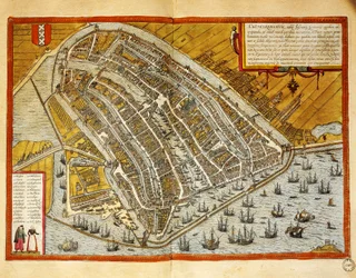 Nizozemsko, Mapa Amsterdamu z Civitates Orbis Terrarum od Georga Brauna (1541-1622) a Franze Hogenberga (1535-1590), rytina