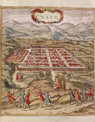 Peru, město Cuzco, rytina Georga Brauna