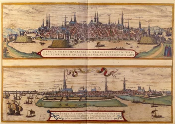 Pohled shora na město Lübeck, pod městem Hamburk v Německu. Rytina z Atlasu „Braun a Hogenberg“ 1572