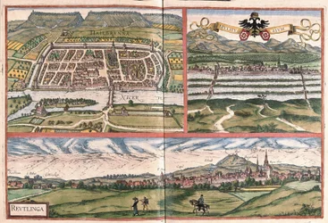Heilbronn (Německo), Mulhouse (Francie) a Reutlingen (Německo) (rytina