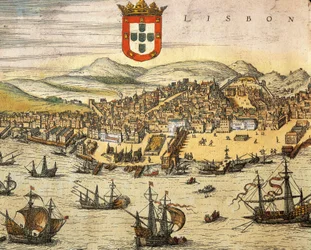 Mapa města Lisabonu, z Civitates Orbis Terrarum od Georga Brauna a Franze Hogenberga, rytina