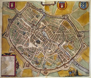Mapa města Tours ve Francii. Rytina z Atlasu „Braun a Hogenberg““ 1572