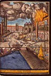 Velký požár vévodského paláce na náměstí sv. Marka v Benátkách v roce 1577. Rytina George Brauna V „“Civitatis Orbis Terrarum““ I. díl napsal Franz Hogenberg (1535-1590)