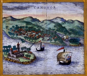 Pohled na Canonor (nebo Cannanore) v Indii z edice „Civitates Orbis Terrarum“ od Brauna a Hogenberga