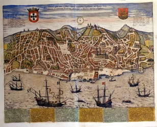 Pohled na Lisabon na konci 16. století. Atlas „Civitates Orbis Terrarum“ od Braun & Hogenberg