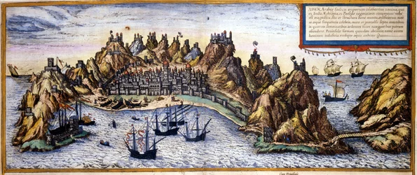 Pohled na město Aden v Jemenu z Atlasu „Civitates Orbis Terrarum“ od Braun & Hogenberg