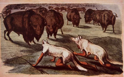 Indiáni z severoamerických plání se plíží po pasoucích se buvolech, zatímco nosí vlčí kůže, kolem roku 1840 (barva litho)