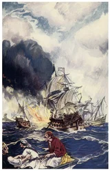 Brulotová nálož výbušnin vrhá na loď Ilustrace z „Piráti z Panamy aneb The Buccaneers of America““ od George Alberta Williamse (1875-1932) 1914