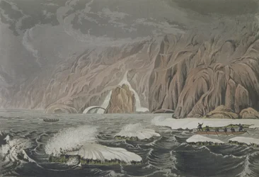 Expedice k mysu Barrow, 25. července 1821, z knihy Sir John Franklin (1786-1847) Narrative of a Journey to the Shores of the Polar Sea in the Years 1819-22, vyryté Edwardem Findenem (1791-1857) pu