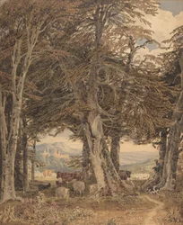Dobytek a ovce na odpočinku na okraji lesa, ca. 1840.