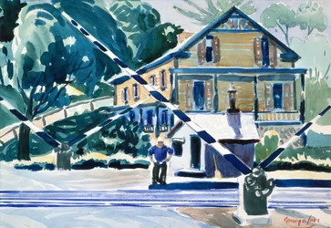 Železniční přejezd, The Berkshires, kolem roku 1925 (akvarel a tužka na papíře)