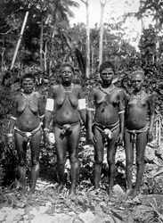 Ženy ve festivalovém oděvu, Melanesia, 1920.