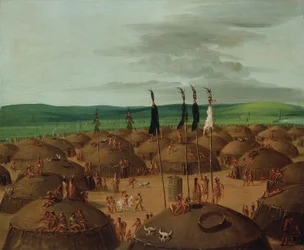 Pohled z ptačí perspektivy na vesnici Mandan, 1800 mil nad St. Louis