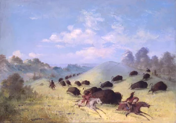 Komančští indiáni pronásledující bizony kopími a luky, 1846-1848