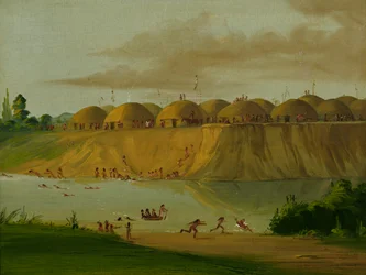 Vesnice Hidatsa, domky pokryté Zemí, na řece Knife, 1810 mil nad St. Louis, 1832.