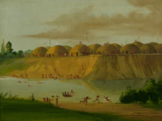 Vesnice Hidatsa, chaty pokryté zeminou, na řece Knife, 1810 mil nad St. Louis