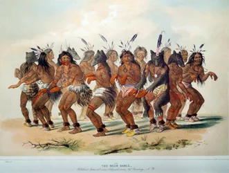 Indiáni Ameriky: Medvědí tanec, rituál kmene Rudé kůže. Ilustrace George Catlin (1794-1872)