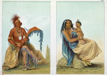 Indiáni Ameriky: portrét osedžského náčelníka jménem Clermont s jeho ženou a synem. Ilustrace George Catlina (1794-1872)
