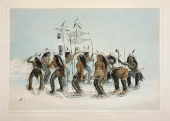Tanec na sněžnicích, hospoda. 1845 barevná litografie.