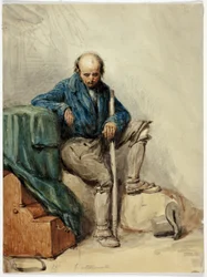 Plešatý muž sedící na věcech (recto); dáma ve žlutých šatech (verso)