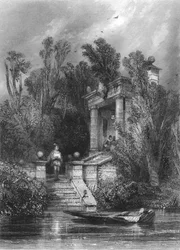 Scéna z Fausta. Margaret se setkává s Faustem v letním domě, c1870
