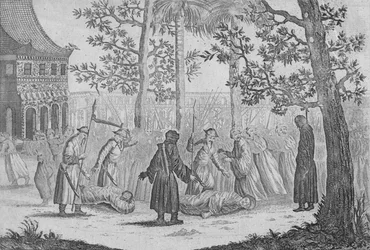 Smrt posledního čínského císaře Ming v roce 1644 z Nieuhof, 1745