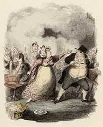 V hospici je Monsieur Bumble těžce odmítaný svou manželkou Madame Corney - Pan Bumble degradovaný v očích chudáků - Ilustrace k filmu „Oliver Twist“ (Olivier) (Dobrodružství Olivera Twista) od Charlese Dickense (1812-1870) , od George Cruikshana