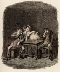 Fagin obchoduje s Morrisem Bolterem, známým jako Noe Claypole, a Charlotte – Žid a Morris Bolter si začínají rozumět – Ilustrace pro „“Oliver Twist““ (Olivier) (Dobrodružství Olivera Twista) od Charlese Dickense (1812-1870 ), od George