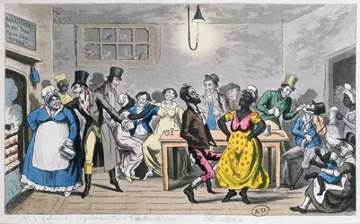 „Nejnižší život v Londýně: Tom, Jerry a logika mezi nesofistikovanými syny a dcerami přírody“ z „Života v Londýně“ od Pierce Egana (1772–1849), 1821 (barevná akvatinta)