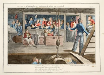 Mistr B, Hledání věcí, které nejsou přesně to, co očekával, hospoda. 1835 (ručně kolorovaná rytina)