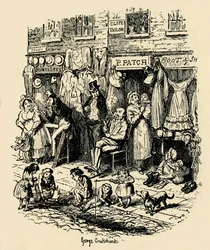 Monmouth Street, Soho, ilustrace G. Cruikshank pro Dickens Sketches od Boz. , 1938