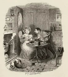 Pan Bumble a paní Corneyová si dávají čaj, z knihy "The Adventures of Oliver Twist" od Charlese Dickense (1812-70), 1838, vydáno nakladatelstvím Chapman und Hall, 1901.