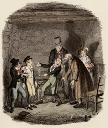 Oliver Twist přijatý starým Faginem a jeho bandou - Ilustrace k „Oliveru Twistovi“ („Dobrodružství Olivera Twista“) od Charlese Dickense (1812-1870), od George Cruikshanka (1792-1878)