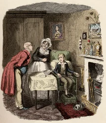 Oliver je přijat a ošetřován panem Brownlowem a jeho hospodyní paní Bedwinovou - Oliver se zotavuje z horečky - Ilustrace k dílu „Oliver Twist“ (Oliver) (Dobrodružství Olivera Twista) od Charlese Dickense (1812-1870), od George Cruikshanka (1792-1878)