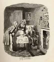 Oliver se zotavuje z horečky, z knihy "The Adventures of Oliver Twist" od Charlese Dickense (1812-70), 1838, vydáno nakladatelstvím Chapman und Hall, 1901.