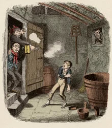 Oliver překvapený a zraněný během pokusu o vloupání - Vloupání - Ilustrace pro "" Oliver Twist "" (Olivier) (Dobrodružství Olivera Twista) od Charlese Dickense (1812-1870), od George Cruikshanka (1792-1878) .