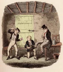 Oliver voskuje Foxovy boty, zatímco Charley Bates vysvětluje nebezpečí věšení - Mistr Bates vysvětluje profesionální techniku - Ilustrace pro „Oliver Twist“ (Olivier) (Dobrodružství Olivera Twista) od Charlese Dickense (1812-1870), od George Crui