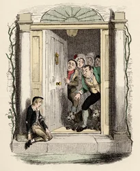Oliver rány a výfuky žádá o pomoc - Oliver Twist u dveří paní Mayliesové - Ilustrace k "" Oliver Twist "" (Olivier) (Dobrodružství Olivera Twista) od Charlese Dickense (1812-1870), George Cruikshank (1792-1878) .
