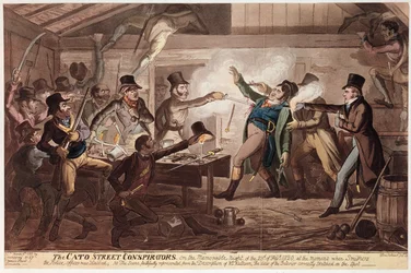 The Cato Street Conspirators, hospoda. G. Humphrey, 9. března 1820 (barevné lito)