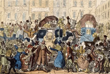 Cestování po Anglii aneb pohled ze sklepa u bílého koně, 1819 (ručně kolorovaný lept)