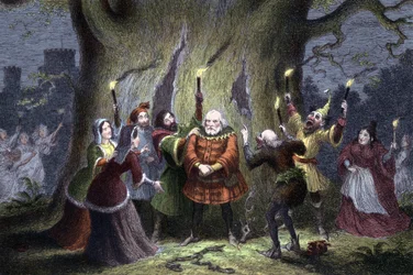 William Shakespeare Veselé paničky z Windsoru, hra poprvé uvedena v roce 1597 nebo 1600. Falstaff poté, co dodržel svůj údajný úkol u paní Fordové ve Windsorském lese jako Herne the Hunter a byl štípnut a udeřen 